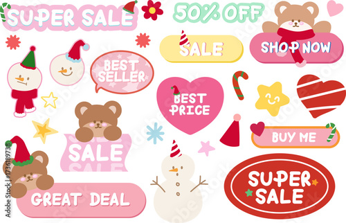 Cute Christmas sale icons such as 50% off, best seller, best price, super sale, great deal, shop now for online shopping, promotion, sticker, banner, special price, discount, button, campaign, ads