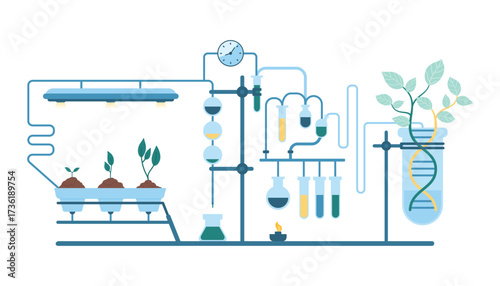 Biotech scientific research in laboratory vector illustration. Cartoon experimental lab equipment with test tubes network to grow plants, genetic experiment with DNA, biotechnology in agriculture