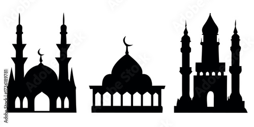 Vector Silhouette Set of Places of Worship Church Mosque and Buddhist Temple