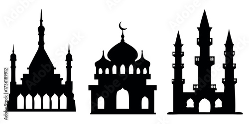 Vector Silhouette Set of Places of Worship Church Mosque and Buddhist Temple