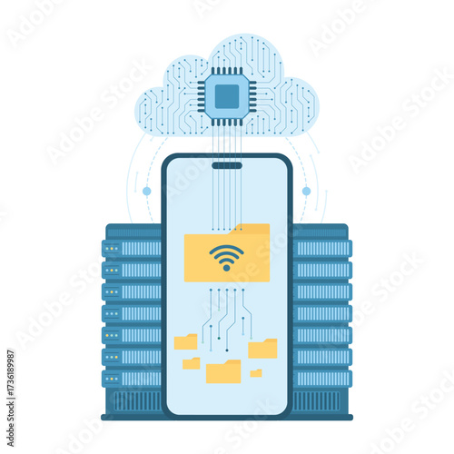 Cloud system for digital data synchronization, backup and storage vector illustration. Cartoon isolated folders with information on mobile phone screen synchronized through database server connection