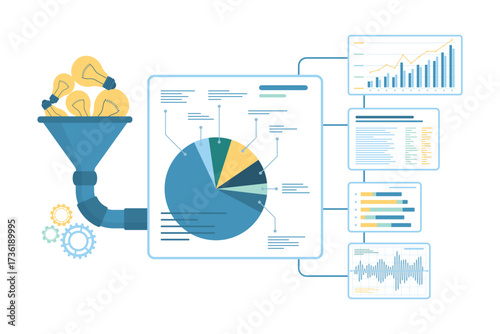 Funnel for information and idea conversion vector illustration. Cartoon filter with light bulbs and pipeline system work on creative research process with infographic diagrams and graphs results