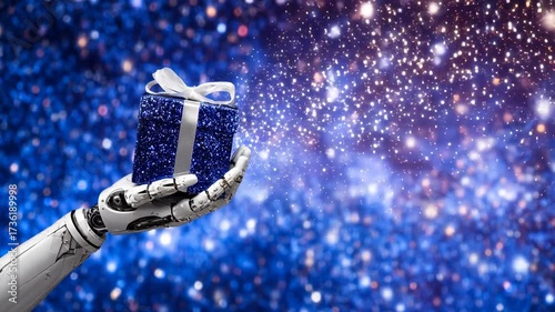 Robot hand holding glittery blue gift sparkling background