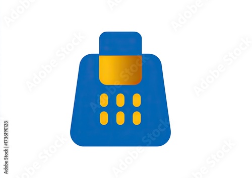 A stylized, simplified illustration of a blue, rectangular device with a gold accent.  It resembles a phone or calculator.  The design is flat, with a textured look, and on a white background
