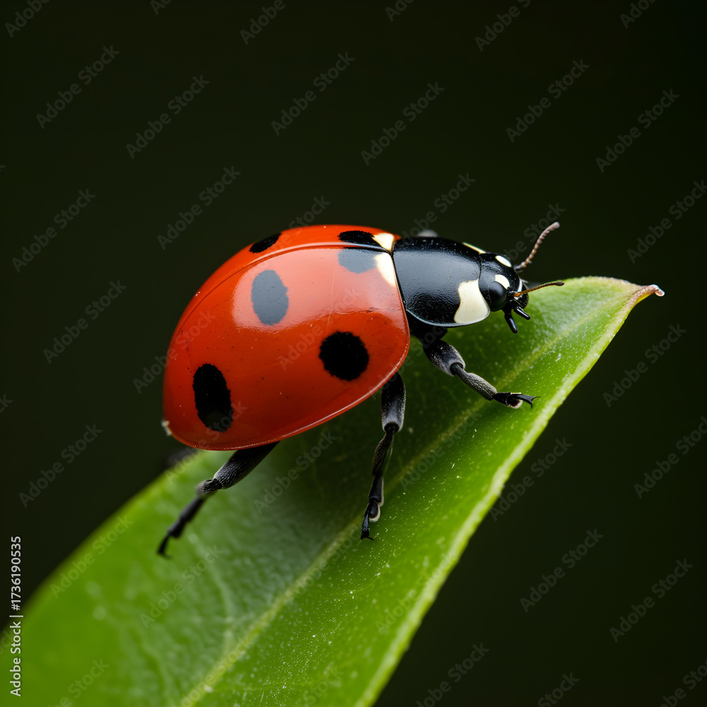 Naklejka premium Ladybug Perched: A vibrant ladybug with its distinctive red and black spotted shell is delicately perched on a green leaf, showcasing its intricate details against a darkened background.