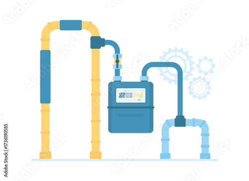 Gas meter on pipe vector illustration. Cartoon infographic circuit scheme with domestic equipment, valves and pipelines to measure gas consumption at home, device with indicator for household