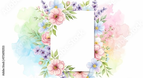 Watercolor floral frame with pastel flowers and blank white rectangle