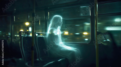 The lonely ghost of a young woman on a bus at night, a sad and ethereal spirit looking out the window at city lights, a concept of a haunted journey, urban legend and the afterlife, a scary passenger.