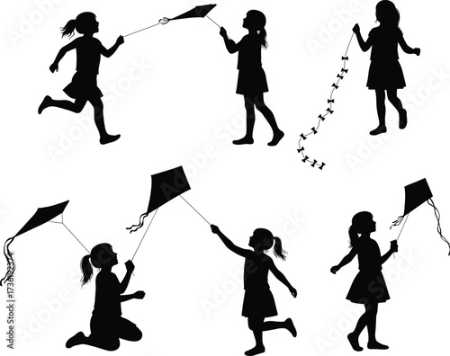 Silhouette girl flying kite, child running with kite, outdoor fun, happy kid, playful childhood activity, freedom, sky, wind, playtime joy