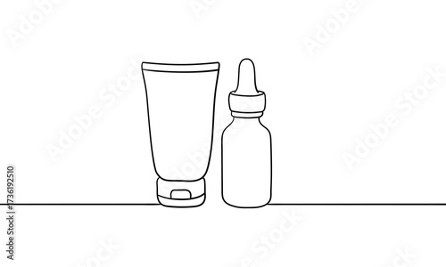 Skincare cosmetics, tubes of face and body cream in line art style. Vector illustration on white background	 