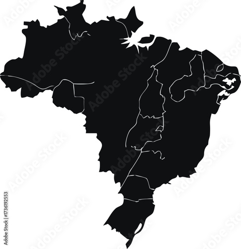 Black silhouette map of Brazil with internal state borders vector illustration white