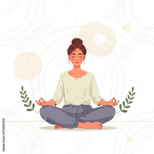 Modern flat vector illustration of a serene woman practicing mindful meditation, finding inner peace and balance in a calm state