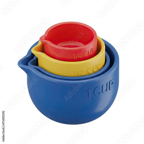 A vibrant set of nested plastic measuring cups, essential kitchen tools for precise baking and cooking, isolated on a clean white background.