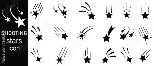 Shooting star icon set. Black Shooting Stars icon of meteorites and comets. Flying star with comet tail, silhouette shooting star icon. Vector illustration.