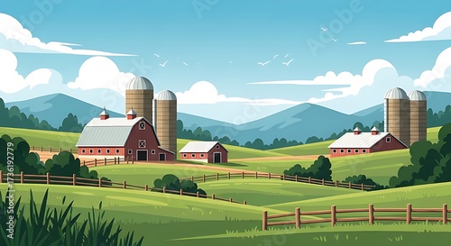 Cartoon farm landscape with barns silos and rolling green hills view