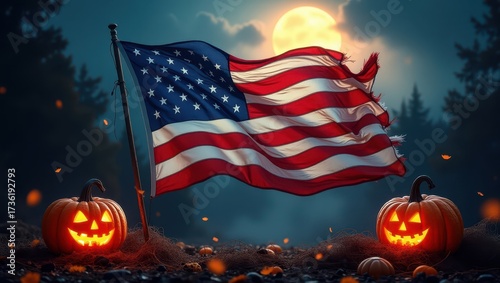 The US flag is displayed against the backdrop of a night forest on Halloween day