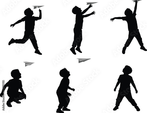 Silhouette boy playing with paper airplane, child running, jumping, throwing plane, happy kid outdoor, flying toy, childhood fun, creative activity