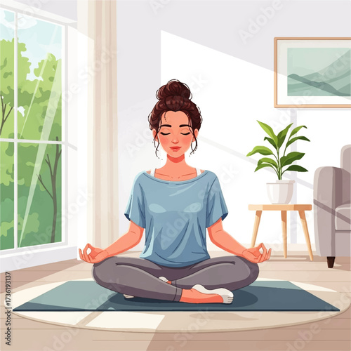 Serene Woman Meditating at Home Embrace Inner Peace & Wellness Through Yoga & Mindfulness