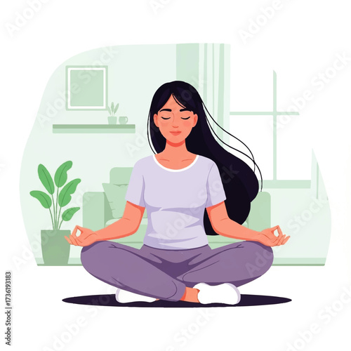 A serene woman practices yoga and meditation in the lotus position at home, a modern flat vector illustration for mindfulness and a healthy lifestyle