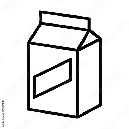 Simple line art icon of a beverage carton with a diagonal label on a white background in carton, container, packaging, vector illustration.