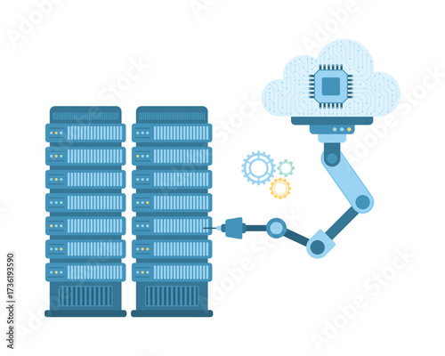 Machine learning vector illustration. Cartoon isolated robotic arm with smart brain connected to cloud storage working with database on server, infographic innovation remote support of business