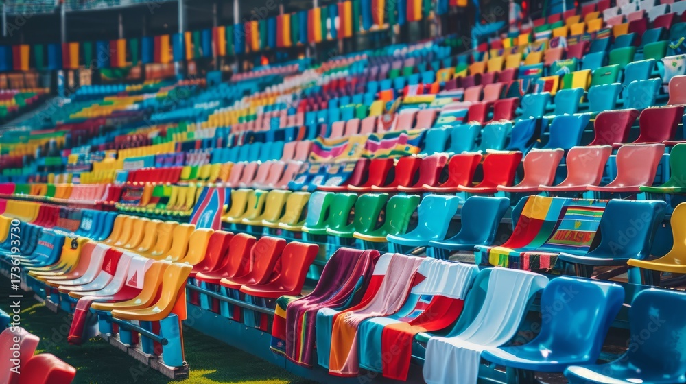 Fototapeta premium Empty football stadium stands with colorful team flags