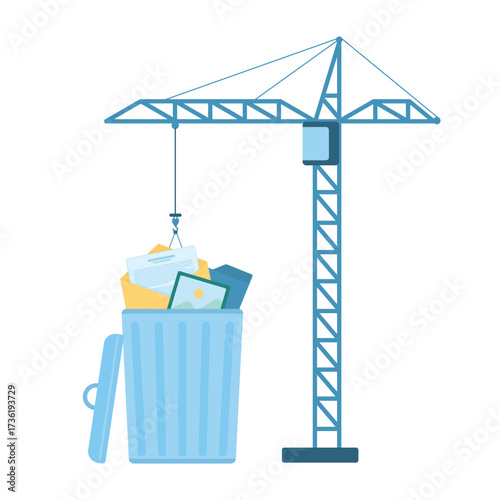 Delete files to trash bin with smart software vector illustration. Cartoon isolated construction crane putting emails and folders, photos and pictures in waste basket to remove and clean memory