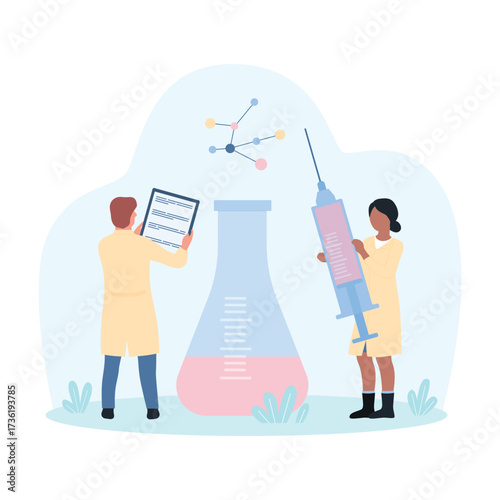 Laboratory research for pharma industry vector illustration. Cartoon tiny people scientists with syringe work on vaccine expertise, doctors with lab equipment study sample for treatment disease