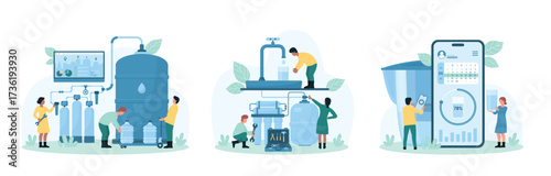 Water purification set vector illustration. Cartoon tiny people repair water treatment facility, test quality of reverse osmosis filtration, installation and inspection of huge filters by engineers