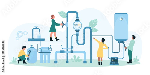 Installation of home water supply system vector illustration. Cartoon tiny people install treatment filter and boiler, plumbing, valves and water meter inspection by workers of maintenance service