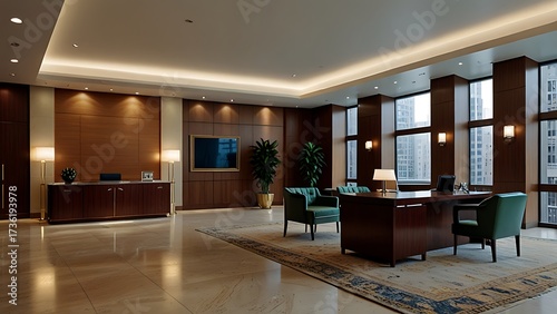 HDR cinematic image of a stylish finance office space