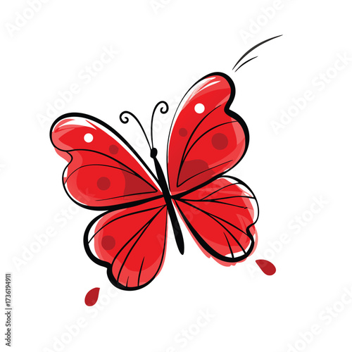 Red butterfly with black outlines and spots on white background vector illustration