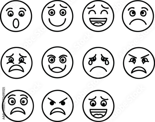 A collection of black and white line art emoticons showing various facial expressions and emotions.