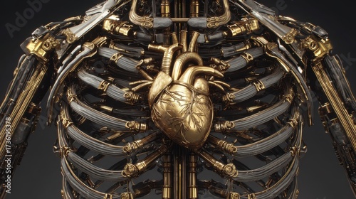 Steampunk Heart - Golden Anatomical Heart in Mechanical Ribcage, Detailed Cyberpunk Body.
