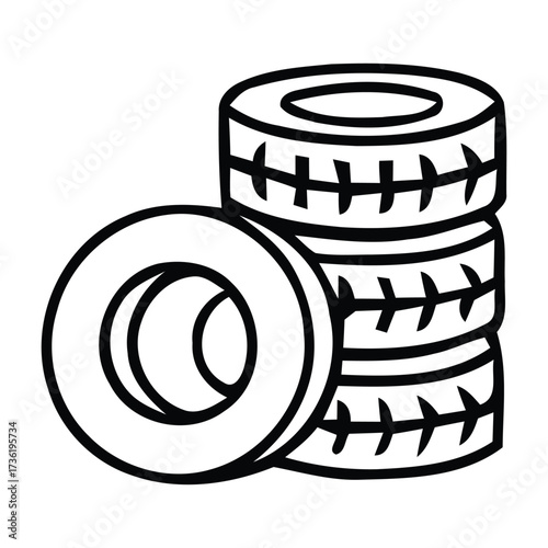 Stack of black and white line art icons of car tires on a white background with tires, car tires, wheels, automotive, vector illustration.