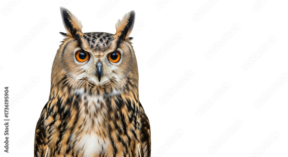 Naklejka premium Isolated Eurasian Eagle-Owl looking forward with its orange eyes and prominent ear-tufts