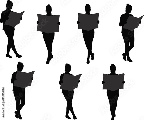 Silhouette woman reading newspaper, standing and leaning poses, female reader holding news, businesswoman concept, modern lifestyle, isolated black vector illustration