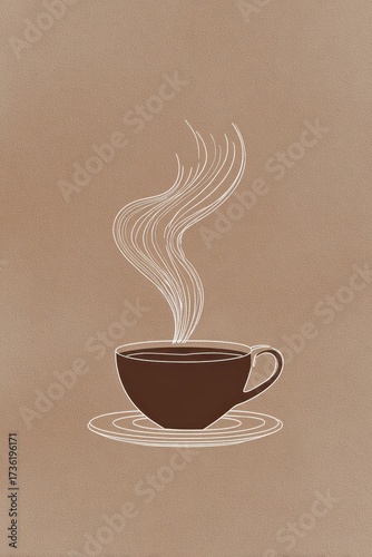 Minimalist Coffee Cup with Rising Steam on Beige Background, Artistic Illustration.