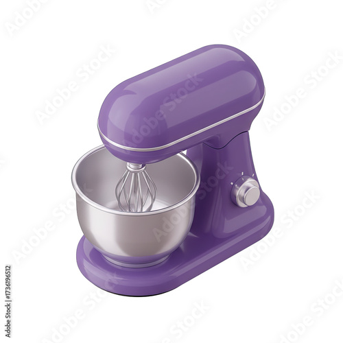 A sleek, vibrant purple stand mixer with a gleaming stainless steel bowl and whisk attachment, ready for modern kitchen baking and culinary creations.