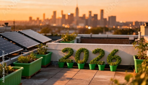 Rooftop with solar panels and potted plants shaped as 2026 against city skyline at sunrise, symbolizing green energy, urban farming, and the sustainable transformation of modern lifestyles.