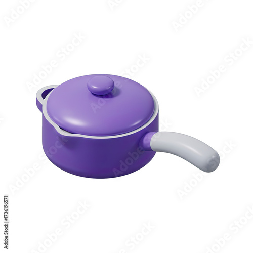 A vibrant 3D rendered purple saucepan with a matching lid and ergonomic white handle, perfect for modern kitchen and cooking-related design projects.