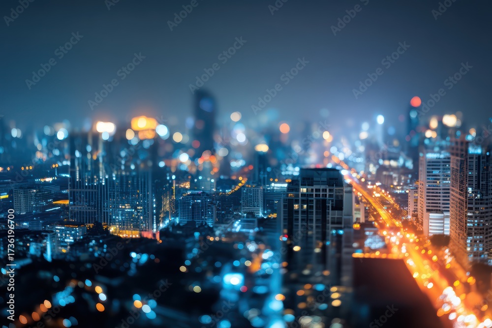 Fototapeta premium Aerial Panoramic View of Defocused Glowing Night City