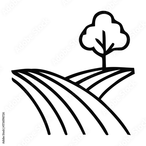 Stylized Icon of a Tree on Rolling Hills with Furrows, agriculture, farm, field, landscape, nature, rural, country, vector illustration.