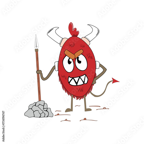 red devil character vector carrying iron spear in cartoon and cute style