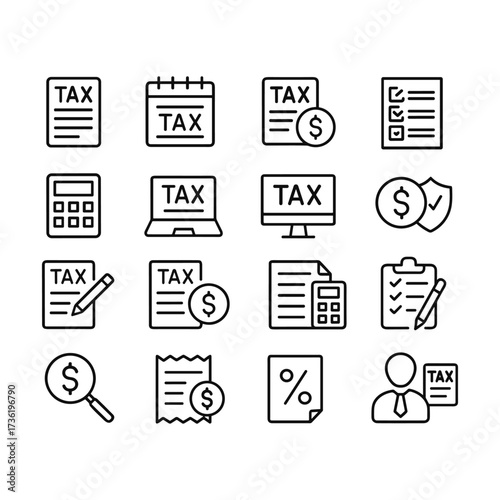 Financial tax preparation icon collection. Outline symbols. Line design