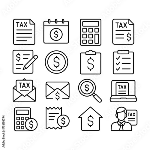 Tax filing preparation icons. Outline symbols. Line design