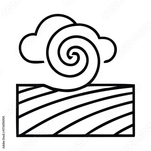 Stylized illustration of swirling wind over plowed agricultural field with clouds, wind, swirl, cloud, agricultural elements. 