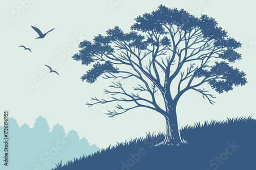 Leaping Dolphin and Bare Tree Vector - Duotone Coastal/Surreal Graphic