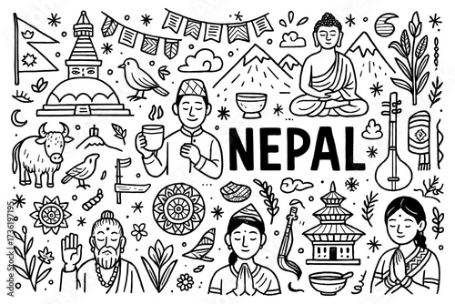 Nepal travel doodle composition with temples, Himalayas, culture and traditional symbols, Transparent Background