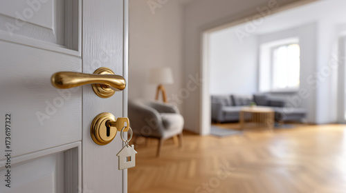 A close-up of a key inserted into a door lock, opening a bright, modern living room. Background for real estate purchases, rentals, and interior design, suitable for banners and posters